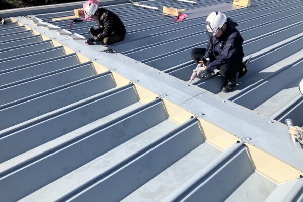 神奈川県海老名市｜折半屋根棟板金工事 シール処理と板金取り付け